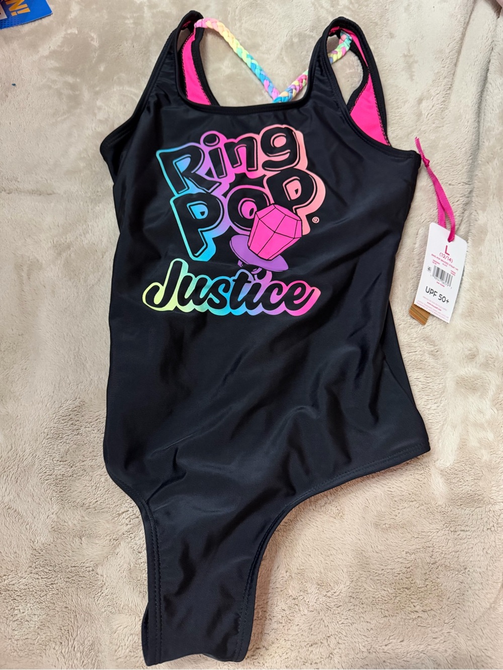 Justice Black One-Piece Swimsuit with Rainbow Ring Pop Graphic Sz 12/14